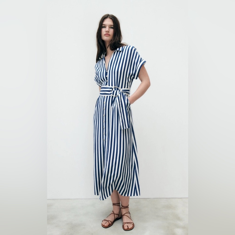 Zara Blue White Striped Belted Midi Shirt Dress Size M
